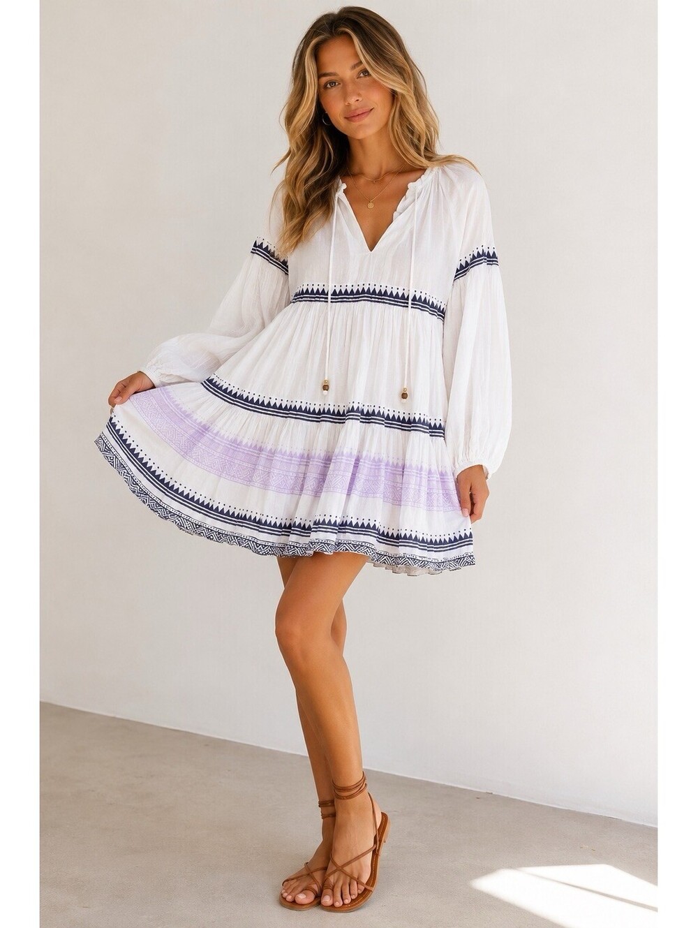 Oliphant White Purple Long Sleeve Boho Gauzy‎ Cotton Marrakech Dress size Large